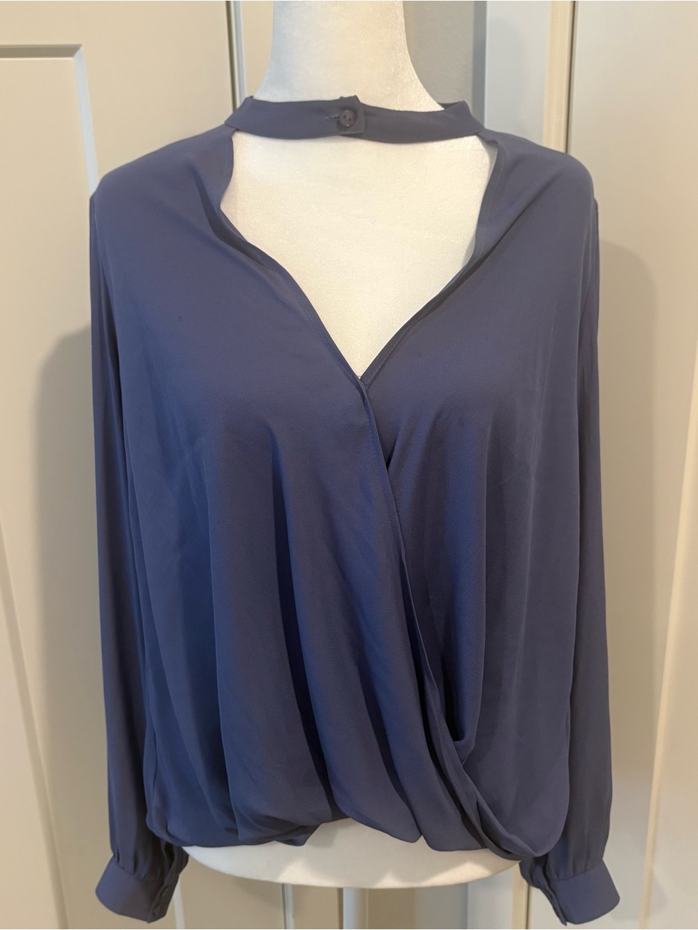 Lush Small Women's Blue Draped Blouse with Choker Neckband and Long Sleeve